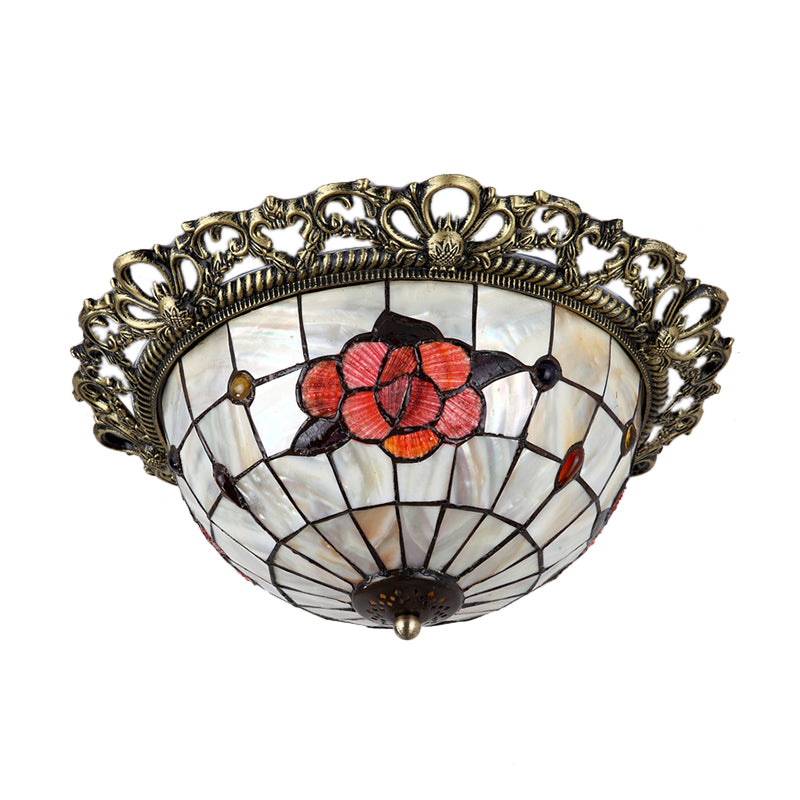 Gridded Hemispherical Ceiling Light 2-Bulb Natural Shell Baroque Flush Mount Lighting in Brass Clearhalo 'Ceiling Lights' 'Close To Ceiling Lights' 'Close to ceiling' 'Flush mount' Lighting' 916401