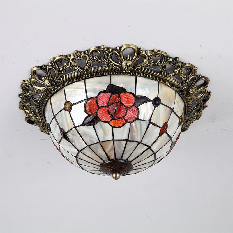 Gridded Hemispherical Ceiling Light 2-Bulb Natural Shell Baroque Flush Mount Lighting in Brass Clearhalo 'Ceiling Lights' 'Close To Ceiling Lights' 'Close to ceiling' 'Flush mount' Lighting' 916402