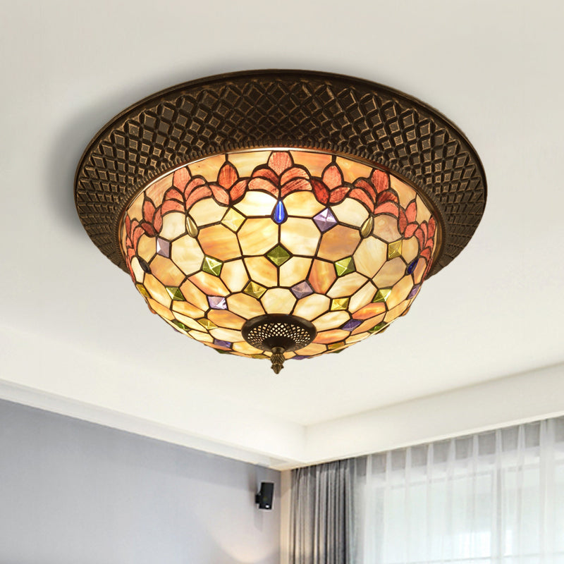 Bronze Cap Shape Flush Light Tiffany LED Shell Flush Mount Ceiling Fixture with Trellis Pattern Bronze D Clearhalo 'Ceiling Lights' 'Close To Ceiling Lights' 'Close to ceiling' 'Flush mount' Lighting' 916404