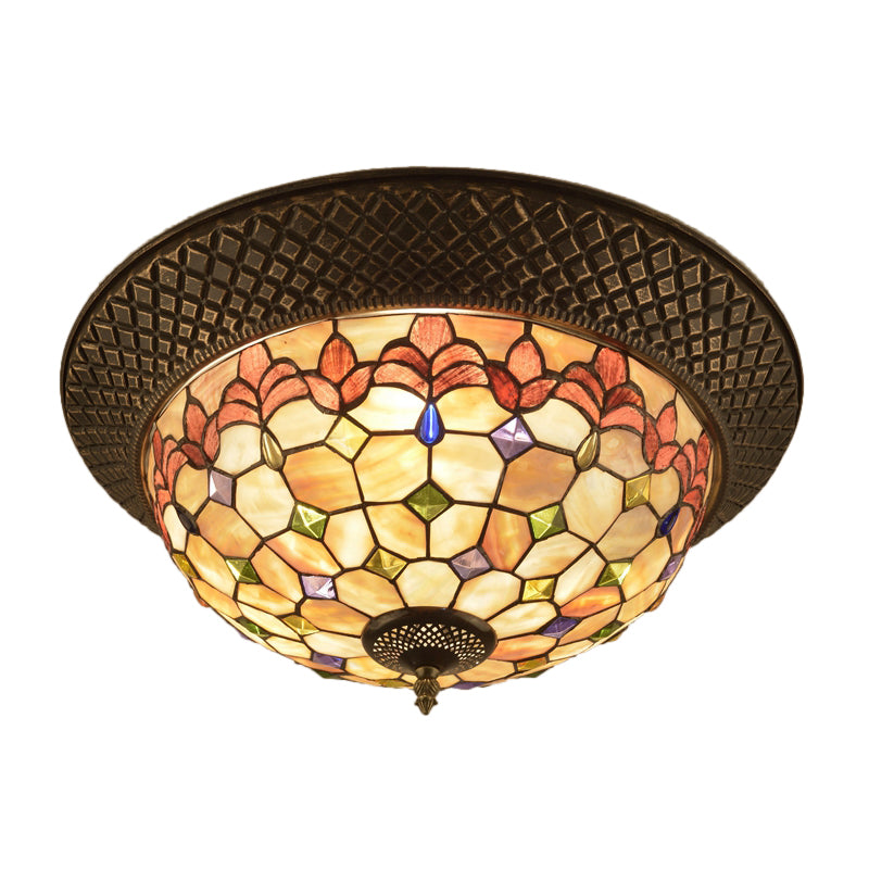 Bronze Cap Shape Flush Light Tiffany LED Shell Flush Mount Ceiling Fixture with Trellis Pattern Clearhalo 'Ceiling Lights' 'Close To Ceiling Lights' 'Close to ceiling' 'Flush mount' Lighting' 916406