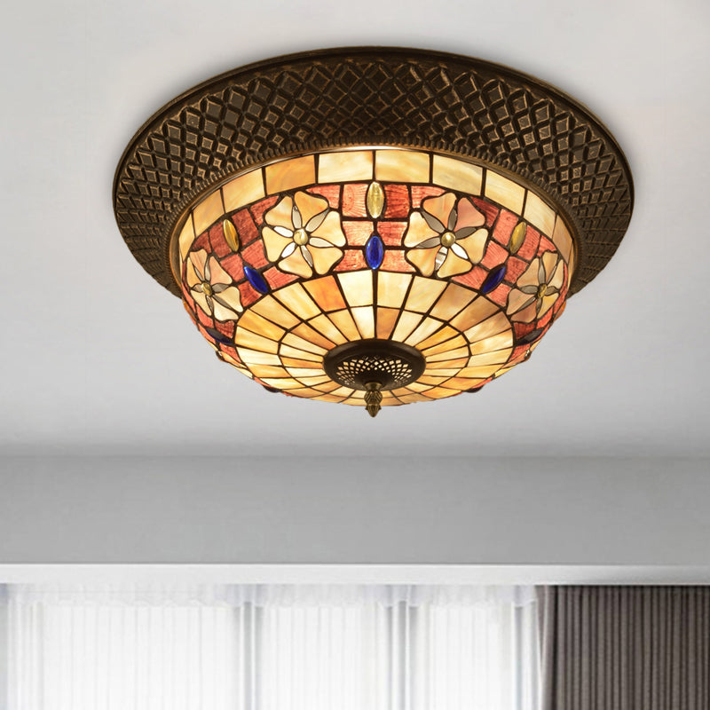 Bronze Cap Shape Flush Light Tiffany LED Shell Flush Mount Ceiling Fixture with Trellis Pattern Bronze C Clearhalo 'Ceiling Lights' 'Close To Ceiling Lights' 'Close to ceiling' 'Flush mount' Lighting' 916408