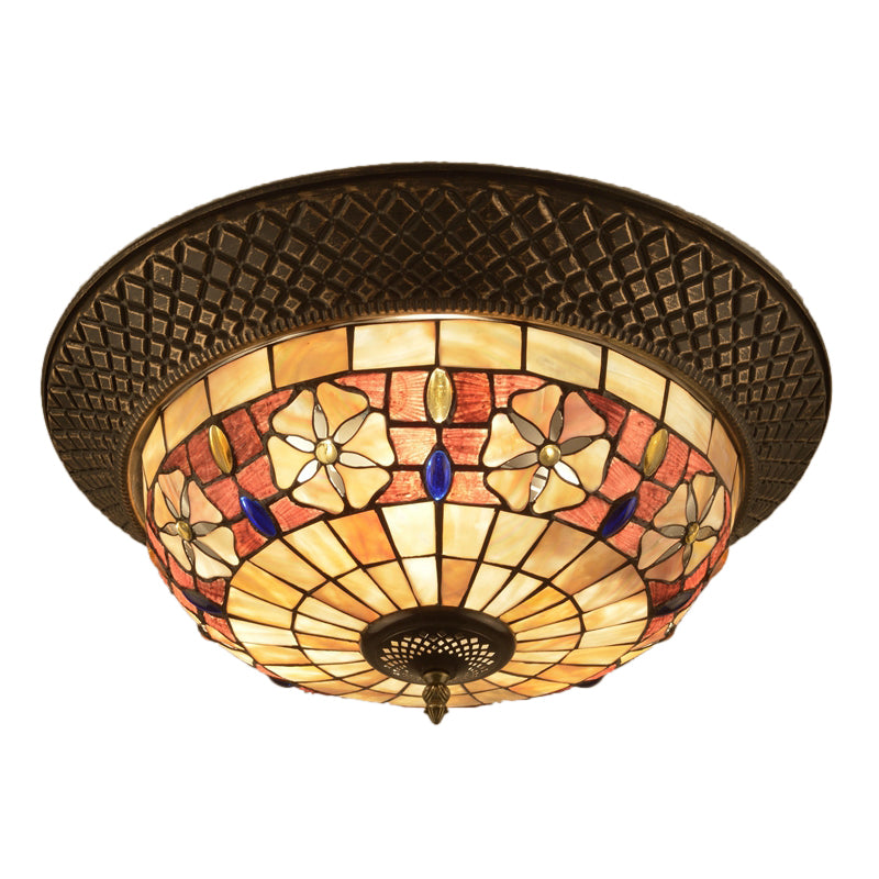 Bronze Cap Shape Flush Light Tiffany LED Shell Flush Mount Ceiling Fixture with Trellis Pattern Clearhalo 'Ceiling Lights' 'Close To Ceiling Lights' 'Close to ceiling' 'Flush mount' Lighting' 916410