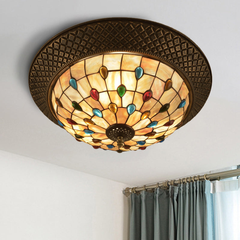 Bronze Cap Shape Flush Light Tiffany LED Shell Flush Mount Ceiling Fixture with Trellis Pattern Bronze B Clearhalo 'Ceiling Lights' 'Close To Ceiling Lights' 'Close to ceiling' 'Flush mount' Lighting' 916413