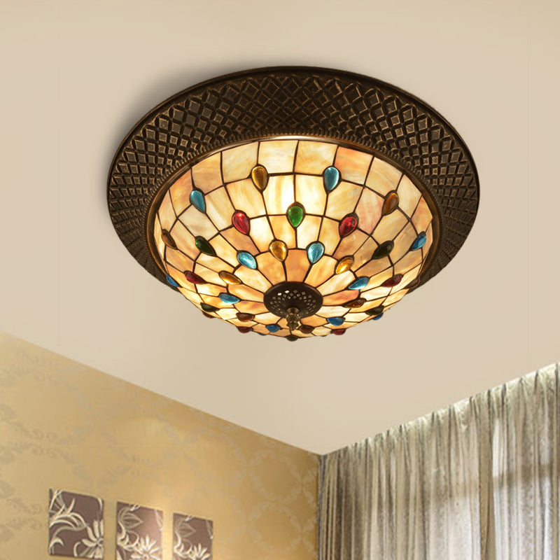 Bronze Cap Shape Flush Light Tiffany LED Shell Flush Mount Ceiling Fixture with Trellis Pattern Clearhalo 'Ceiling Lights' 'Close To Ceiling Lights' 'Close to ceiling' 'Flush mount' Lighting' 916414