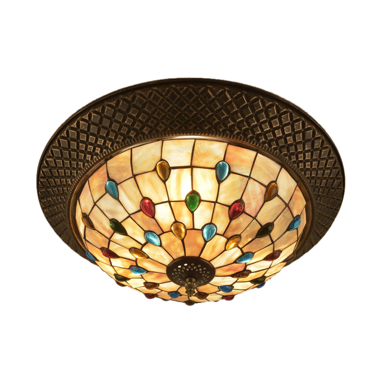 Bronze Cap Shape Flush Light Tiffany LED Shell Flush Mount Ceiling Fixture with Trellis Pattern Clearhalo 'Ceiling Lights' 'Close To Ceiling Lights' 'Close to ceiling' 'Flush mount' Lighting' 916415