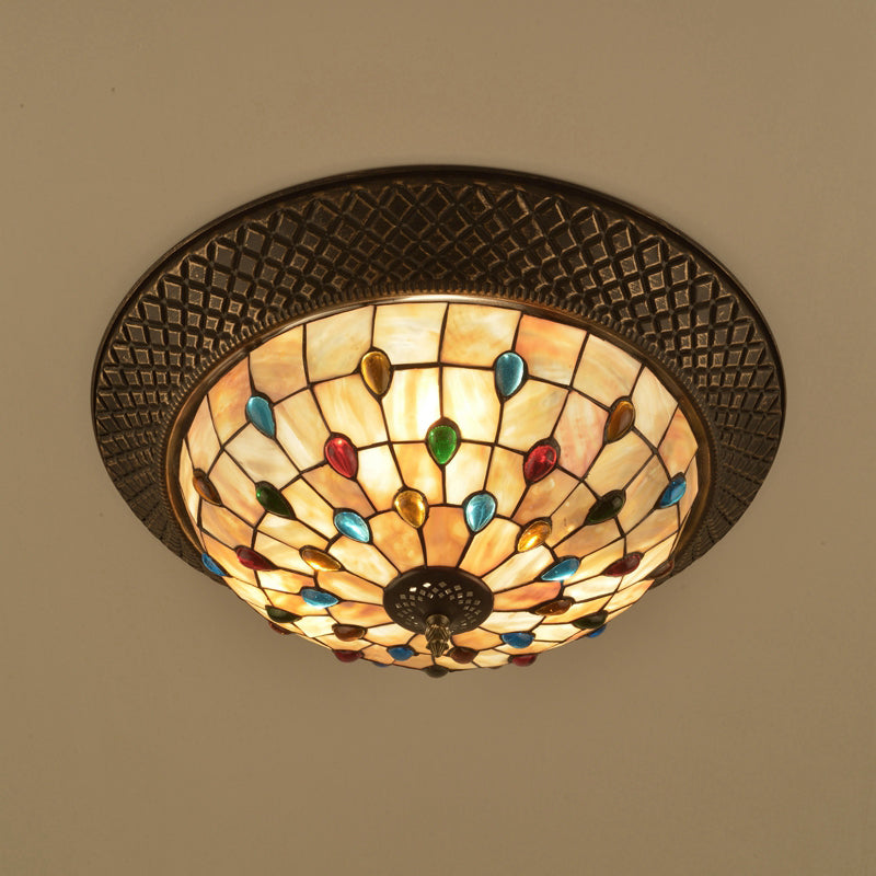 Bronze Cap Shape Flush Light Tiffany LED Shell Flush Mount Ceiling Fixture with Trellis Pattern Clearhalo 'Ceiling Lights' 'Close To Ceiling Lights' 'Close to ceiling' 'Flush mount' Lighting' 916416