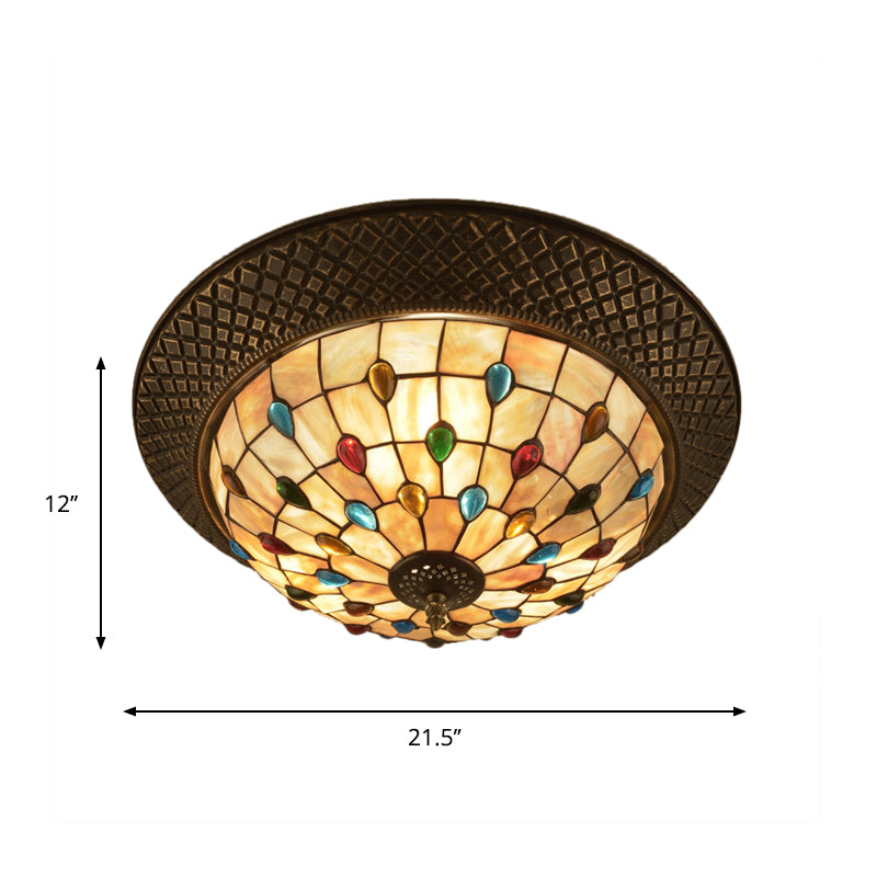 Bronze Cap Shape Flush Light Tiffany LED Shell Flush Mount Ceiling Fixture with Trellis Pattern Clearhalo 'Ceiling Lights' 'Close To Ceiling Lights' 'Close to ceiling' 'Flush mount' Lighting' 916417