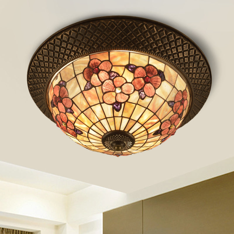 Bronze Cap Shape Flush Light Tiffany LED Shell Flush Mount Ceiling Fixture with Trellis Pattern Bronze A Clearhalo 'Ceiling Lights' 'Close To Ceiling Lights' 'Close to ceiling' 'Flush mount' Lighting' 916418