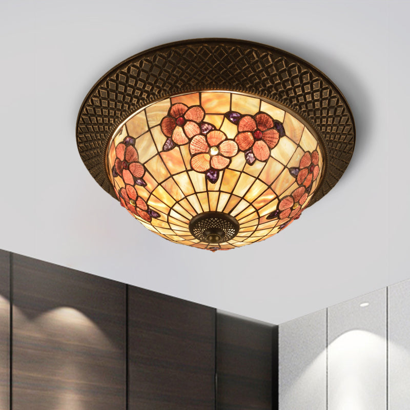 Bronze Cap Shape Flush Light Tiffany LED Shell Flush Mount Ceiling Fixture with Trellis Pattern Clearhalo 'Ceiling Lights' 'Close To Ceiling Lights' 'Close to ceiling' 'Flush mount' Lighting' 916419