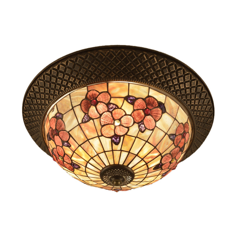 Bronze Cap Shape Flush Light Tiffany LED Shell Flush Mount Ceiling Fixture with Trellis Pattern Clearhalo 'Ceiling Lights' 'Close To Ceiling Lights' 'Close to ceiling' 'Flush mount' Lighting' 916420