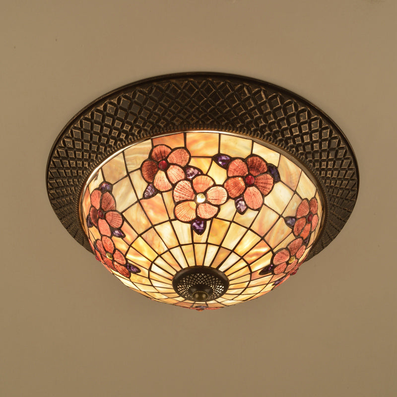 Bronze Cap Shape Flush Light Tiffany LED Shell Flush Mount Ceiling Fixture with Trellis Pattern Clearhalo 'Ceiling Lights' 'Close To Ceiling Lights' 'Close to ceiling' 'Flush mount' Lighting' 916421