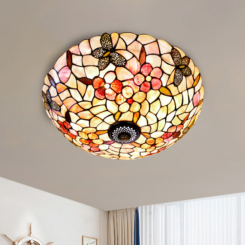 Natural Shell Beige Ceiling Fixture Dome 3/4 Lights Tiffany Flushmount Lighting with Butterfly-Flower Pattern, 16"/20.5" W Beige Clearhalo 'Ceiling Lights' 'Close To Ceiling Lights' 'Close to ceiling' 'Flush mount' Lighting' 916423