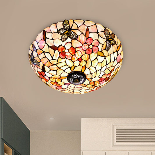 Natural Shell Beige Ceiling Fixture Dome 3/4 Lights Tiffany Flushmount Lighting with Butterfly-Flower Pattern, 16"/20.5" W Clearhalo 'Ceiling Lights' 'Close To Ceiling Lights' 'Close to ceiling' 'Flush mount' Lighting' 916424