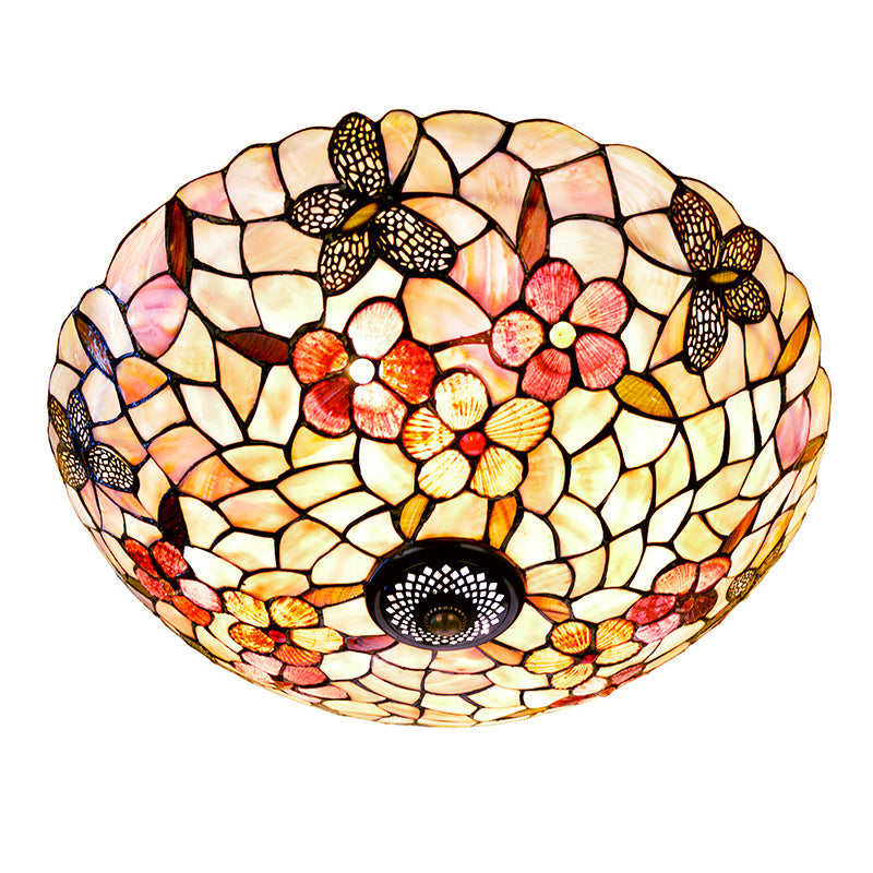 Natural Shell Beige Ceiling Fixture Dome 3/4 Lights Tiffany Flushmount Lighting with Butterfly-Flower Pattern, 16"/20.5" W Clearhalo 'Ceiling Lights' 'Close To Ceiling Lights' 'Close to ceiling' 'Flush mount' Lighting' 916425