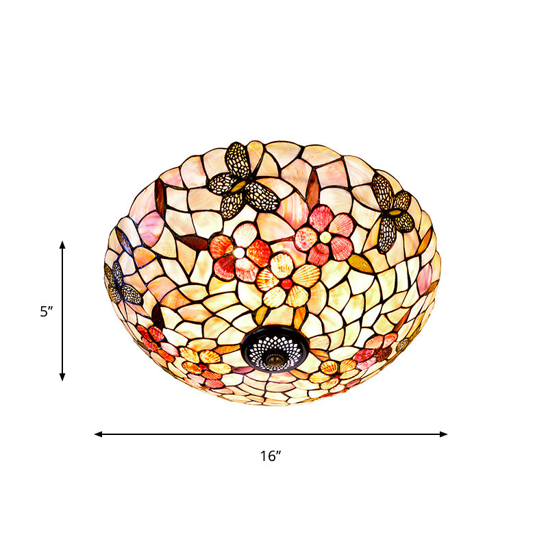 Natural Shell Beige Ceiling Fixture Dome 3/4 Lights Tiffany Flushmount Lighting with Butterfly-Flower Pattern, 16"/20.5" W Clearhalo 'Ceiling Lights' 'Close To Ceiling Lights' 'Close to ceiling' 'Flush mount' Lighting' 916426