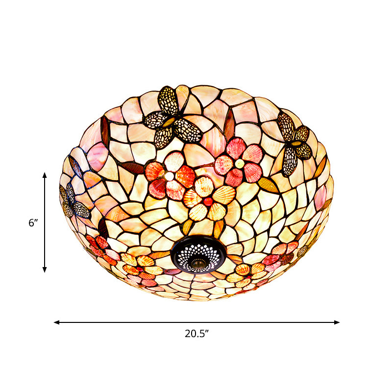 Natural Shell Beige Ceiling Fixture Dome 3/4 Lights Tiffany Flushmount Lighting with Butterfly-Flower Pattern, 16"/20.5" W Clearhalo 'Ceiling Lights' 'Close To Ceiling Lights' 'Close to ceiling' 'Flush mount' Lighting' 916427