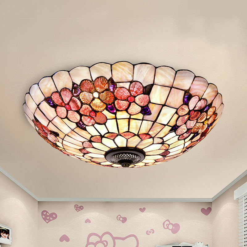 Peony-Pattern Bowl Flushmount Tiffany Shell 3/4 Bulbs Pink Ceiling Light Fixture, 12"/16"/21" Dia Pink 21" Clearhalo 'Ceiling Lights' 'Close To Ceiling Lights' 'Close to ceiling' 'Flush mount' Lighting' 916428