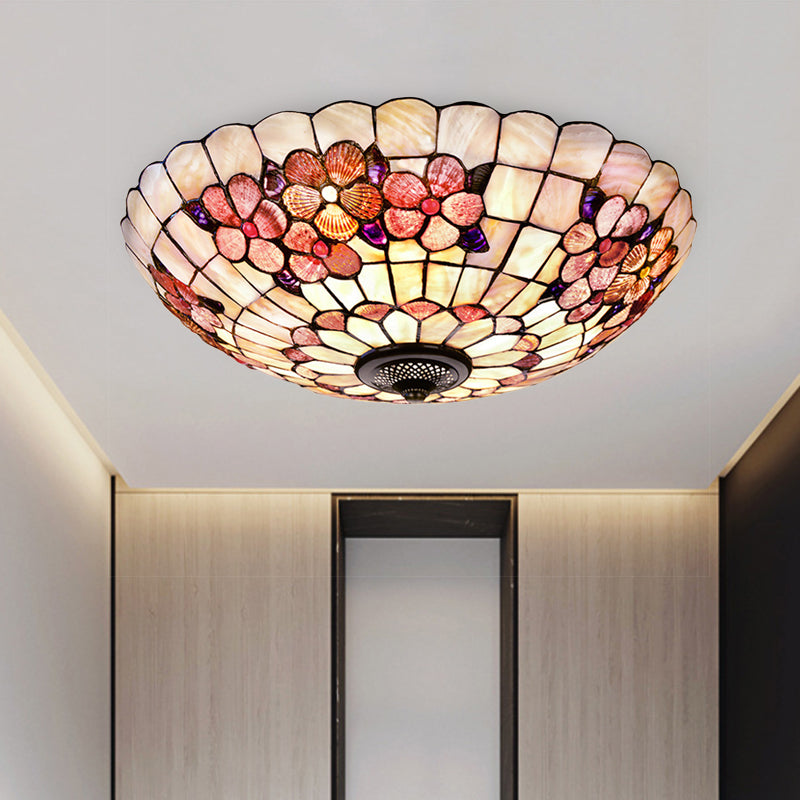 Peony-Pattern Bowl Flushmount Tiffany Shell 3/4 Bulbs Pink Ceiling Light Fixture, 12"/16"/21" Dia Clearhalo 'Ceiling Lights' 'Close To Ceiling Lights' 'Close to ceiling' 'Flush mount' Lighting' 916429