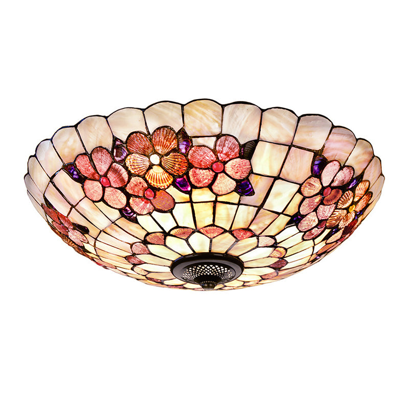 Peony-Pattern Bowl Flushmount Tiffany Shell 3/4 Bulbs Pink Ceiling Light Fixture, 12"/16"/21" Dia Clearhalo 'Ceiling Lights' 'Close To Ceiling Lights' 'Close to ceiling' 'Flush mount' Lighting' 916430