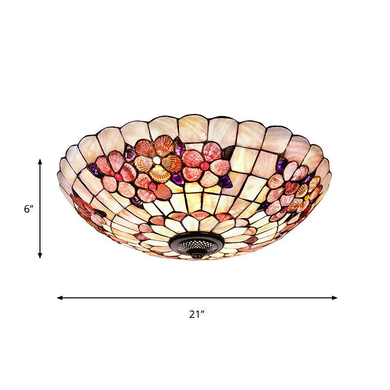 Peony-Pattern Bowl Flushmount Tiffany Shell 3/4 Bulbs Pink Ceiling Light Fixture, 12"/16"/21" Dia Clearhalo 'Ceiling Lights' 'Close To Ceiling Lights' 'Close to ceiling' 'Flush mount' Lighting' 916431