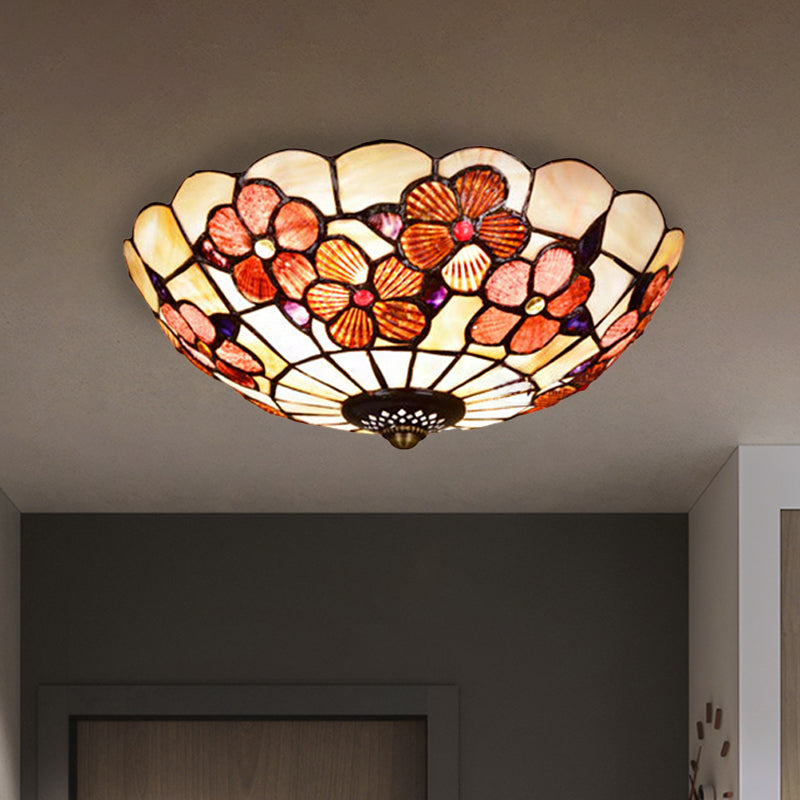 Peony-Pattern Bowl Flushmount Tiffany Shell 3/4 Bulbs Pink Ceiling Light Fixture, 12"/16"/21" Dia Clearhalo 'Ceiling Lights' 'Close To Ceiling Lights' 'Close to ceiling' 'Flush mount' Lighting' 916433