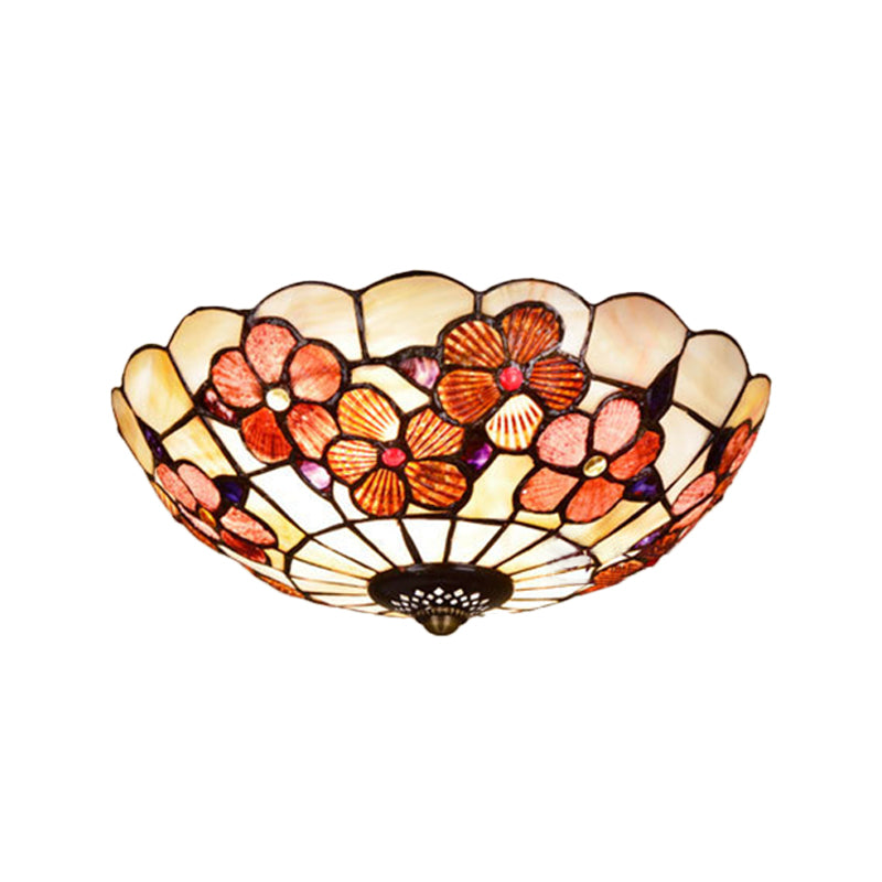 Peony-Pattern Bowl Flushmount Tiffany Shell 3/4 Bulbs Pink Ceiling Light Fixture, 12"/16"/21" Dia Clearhalo 'Ceiling Lights' 'Close To Ceiling Lights' 'Close to ceiling' 'Flush mount' Lighting' 916434