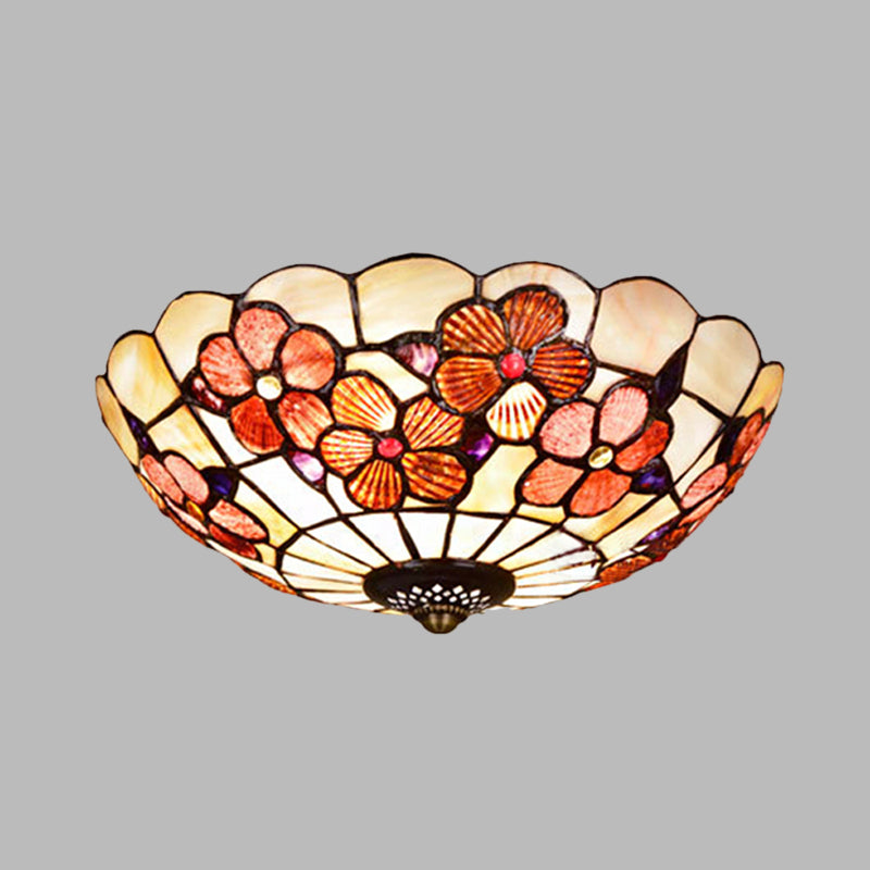 Peony-Pattern Bowl Flushmount Tiffany Shell 3/4 Bulbs Pink Ceiling Light Fixture, 12"/16"/21" Dia Clearhalo 'Ceiling Lights' 'Close To Ceiling Lights' 'Close to ceiling' 'Flush mount' Lighting' 916435