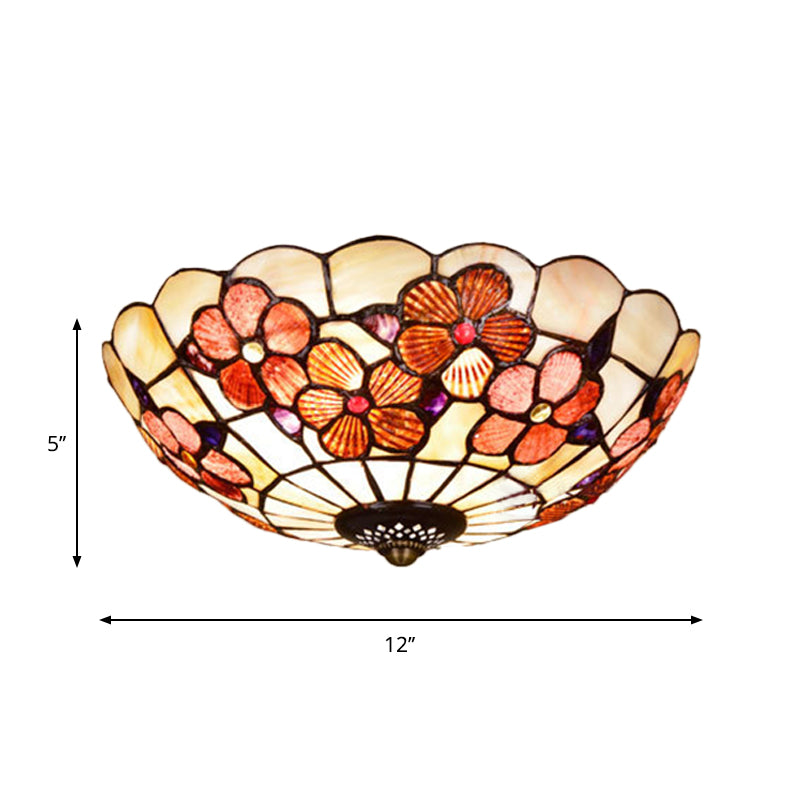 Peony-Pattern Bowl Flushmount Tiffany Shell 3/4 Bulbs Pink Ceiling Light Fixture, 12"/16"/21" Dia Clearhalo 'Ceiling Lights' 'Close To Ceiling Lights' 'Close to ceiling' 'Flush mount' Lighting' 916436