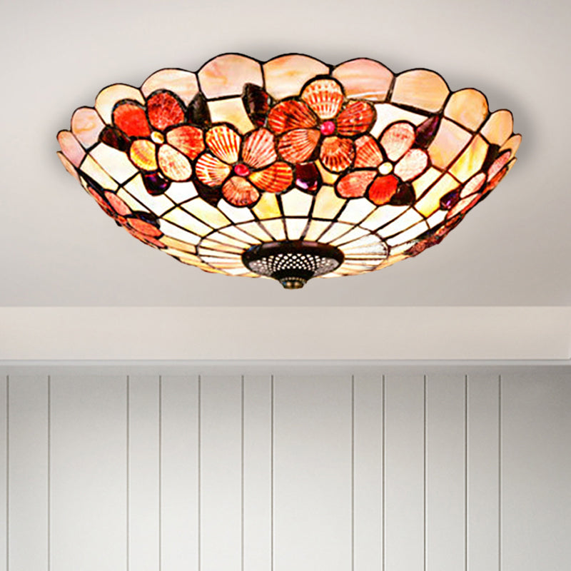 Peony-Pattern Bowl Flushmount Tiffany Shell 3/4 Bulbs Pink Ceiling Light Fixture, 12"/16"/21" Dia Clearhalo 'Ceiling Lights' 'Close To Ceiling Lights' 'Close to ceiling' 'Flush mount' Lighting' 916438