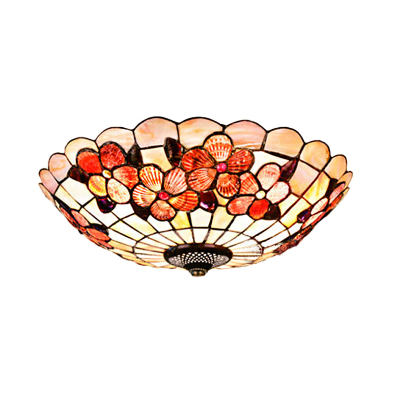 Peony-Pattern Bowl Flushmount Tiffany Shell 3/4 Bulbs Pink Ceiling Light Fixture, 12"/16"/21" Dia Clearhalo 'Ceiling Lights' 'Close To Ceiling Lights' 'Close to ceiling' 'Flush mount' Lighting' 916439