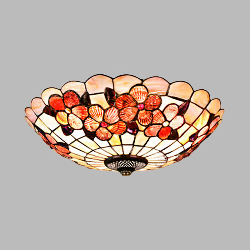 Peony-Pattern Bowl Flushmount Tiffany Shell 3/4 Bulbs Pink Ceiling Light Fixture, 12"/16"/21" Dia Clearhalo 'Ceiling Lights' 'Close To Ceiling Lights' 'Close to ceiling' 'Flush mount' Lighting' 916440