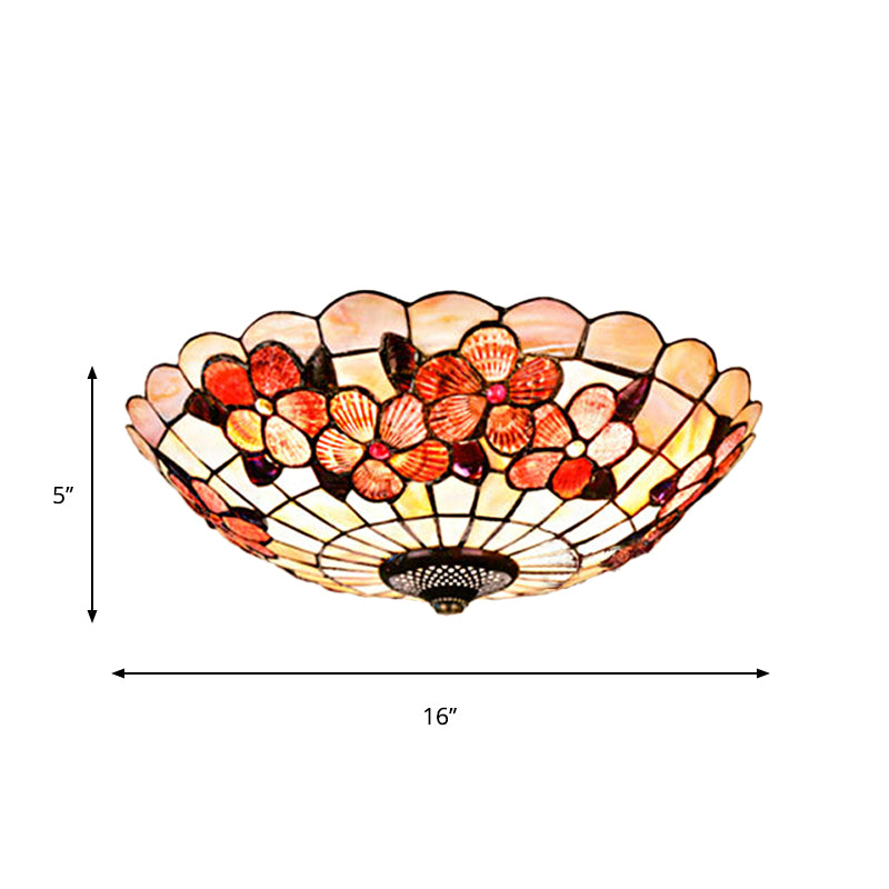 Peony-Pattern Bowl Flushmount Tiffany Shell 3/4 Bulbs Pink Ceiling Light Fixture, 12"/16"/21" Dia Clearhalo 'Ceiling Lights' 'Close To Ceiling Lights' 'Close to ceiling' 'Flush mount' Lighting' 916441