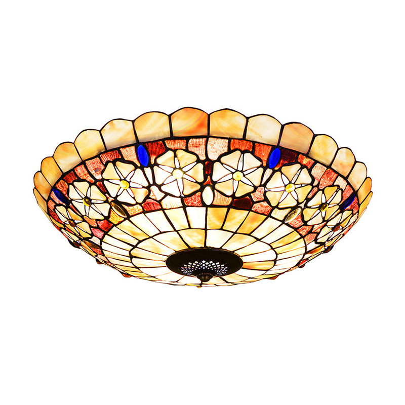 12"/21" Dia 3/4-Light Flush Mount Lamp Tiffany Bowl Shell Ceiling Fixture with Blossom Pattern in Beige Clearhalo 'Ceiling Lights' 'Close To Ceiling Lights' 'Close to ceiling' 'Flush mount' Lighting' 916444