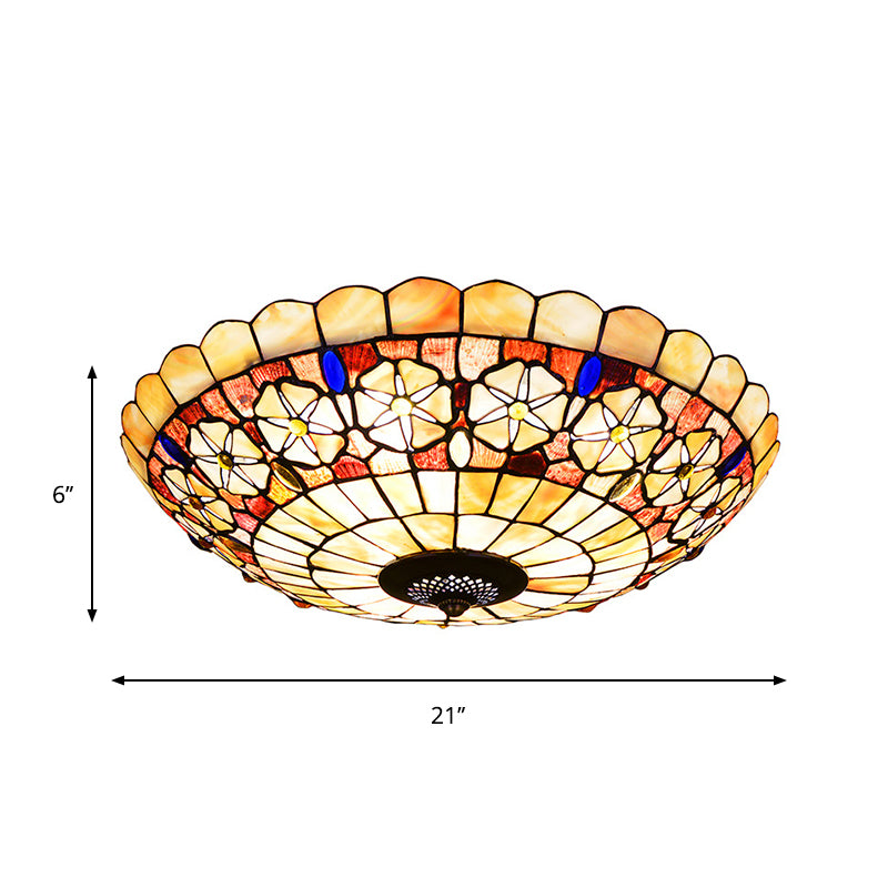 12"/21" Dia 3/4-Light Flush Mount Lamp Tiffany Bowl Shell Ceiling Fixture with Blossom Pattern in Beige Clearhalo 'Ceiling Lights' 'Close To Ceiling Lights' 'Close to ceiling' 'Flush mount' Lighting' 916445