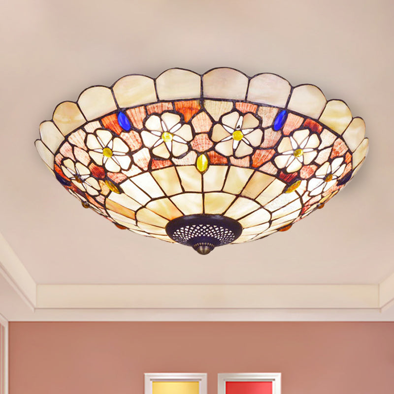 12"/21" Dia 3/4-Light Flush Mount Lamp Tiffany Bowl Shell Ceiling Fixture with Blossom Pattern in Beige Clearhalo 'Ceiling Lights' 'Close To Ceiling Lights' 'Close to ceiling' 'Flush mount' Lighting' 916447