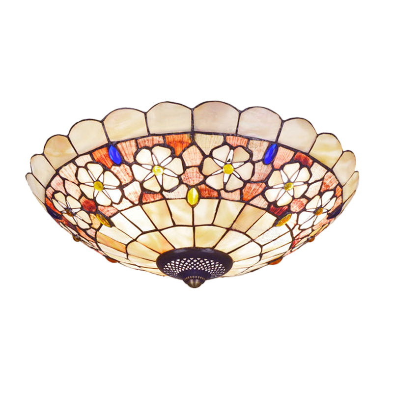 12"/21" Dia 3/4-Light Flush Mount Lamp Tiffany Bowl Shell Ceiling Fixture with Blossom Pattern in Beige Clearhalo 'Ceiling Lights' 'Close To Ceiling Lights' 'Close to ceiling' 'Flush mount' Lighting' 916448