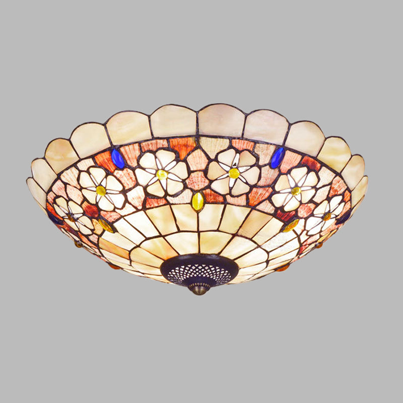 12"/21" Dia 3/4-Light Flush Mount Lamp Tiffany Bowl Shell Ceiling Fixture with Blossom Pattern in Beige Clearhalo 'Ceiling Lights' 'Close To Ceiling Lights' 'Close to ceiling' 'Flush mount' Lighting' 916449