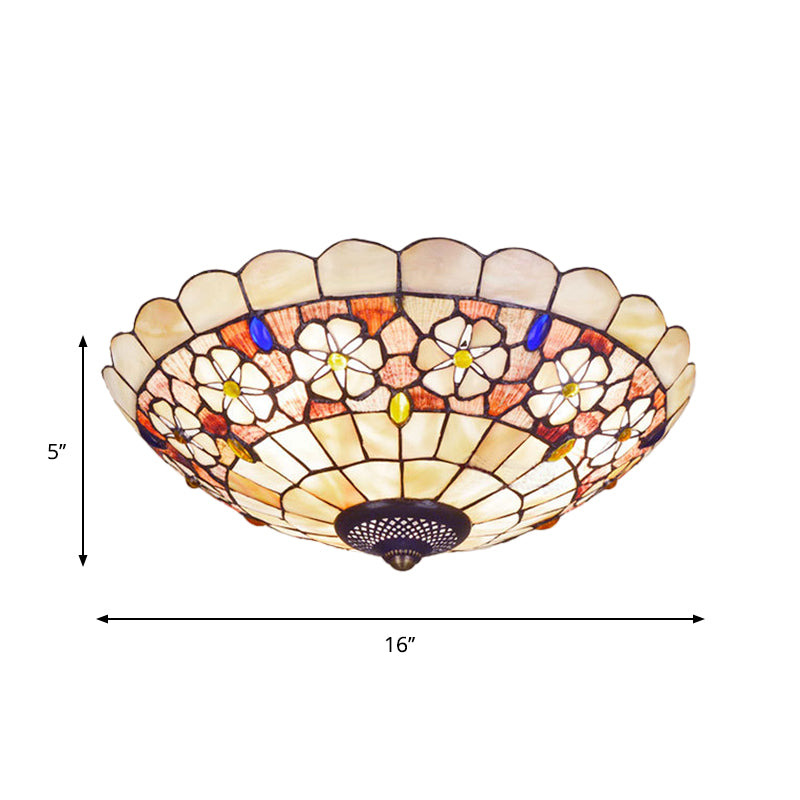 12"/21" Dia 3/4-Light Flush Mount Lamp Tiffany Bowl Shell Ceiling Fixture with Blossom Pattern in Beige Clearhalo 'Ceiling Lights' 'Close To Ceiling Lights' 'Close to ceiling' 'Flush mount' Lighting' 916450