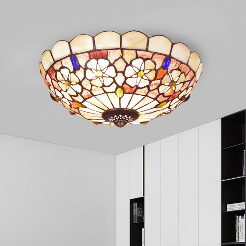 12"/21" Dia 3/4-Light Flush Mount Lamp Tiffany Bowl Shell Ceiling Fixture with Blossom Pattern in Beige Beige 12" Clearhalo 'Ceiling Lights' 'Close To Ceiling Lights' 'Close to ceiling' 'Flush mount' Lighting' 916451