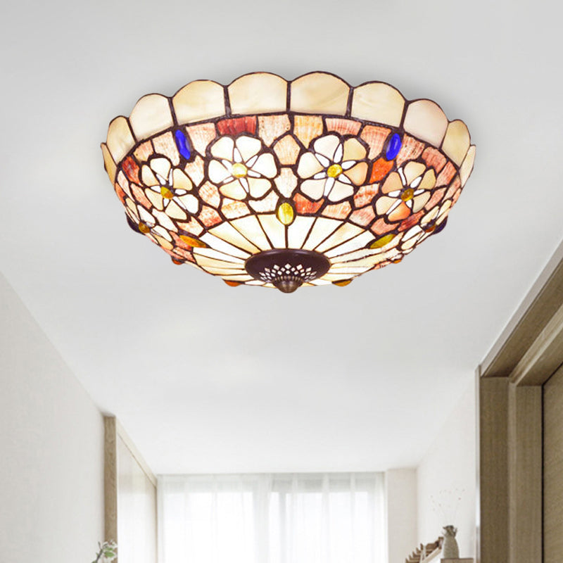 12"/21" Dia 3/4-Light Flush Mount Lamp Tiffany Bowl Shell Ceiling Fixture with Blossom Pattern in Beige Clearhalo 'Ceiling Lights' 'Close To Ceiling Lights' 'Close to ceiling' 'Flush mount' Lighting' 916452