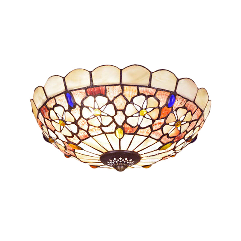 12"/21" Dia 3/4-Light Flush Mount Lamp Tiffany Bowl Shell Ceiling Fixture with Blossom Pattern in Beige Clearhalo 'Ceiling Lights' 'Close To Ceiling Lights' 'Close to ceiling' 'Flush mount' Lighting' 916453