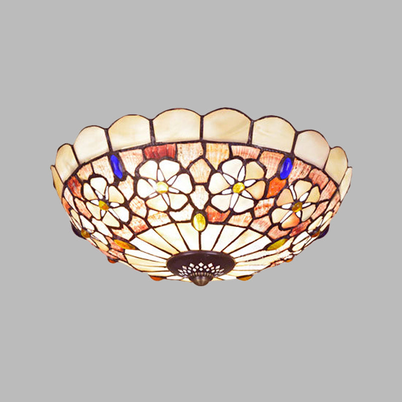 12"/21" Dia 3/4-Light Flush Mount Lamp Tiffany Bowl Shell Ceiling Fixture with Blossom Pattern in Beige Clearhalo 'Ceiling Lights' 'Close To Ceiling Lights' 'Close to ceiling' 'Flush mount' Lighting' 916454