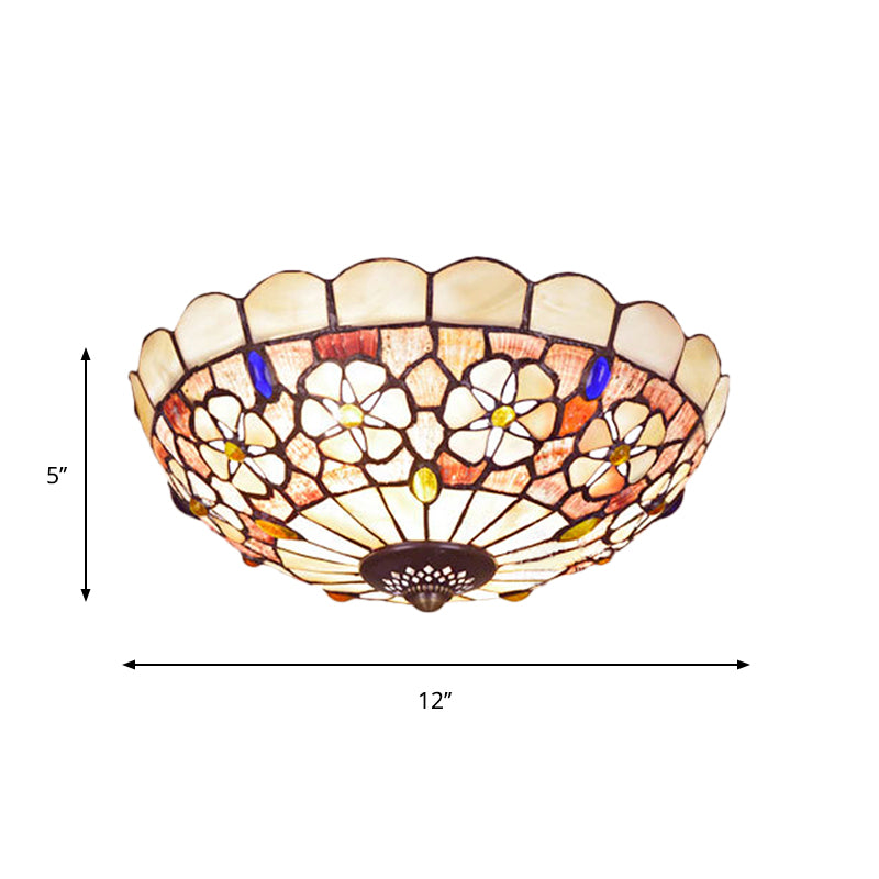 12"/21" Dia 3/4-Light Flush Mount Lamp Tiffany Bowl Shell Ceiling Fixture with Blossom Pattern in Beige Clearhalo 'Ceiling Lights' 'Close To Ceiling Lights' 'Close to ceiling' 'Flush mount' Lighting' 916455