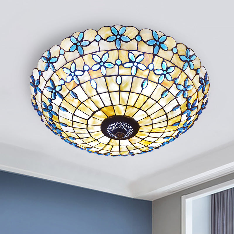 Mediterranean Bowl-Shape Flush Light 3/4 Heads Shell Ceiling Mounted Lamp in Blue, 16"/21" Width Blue 21" Clearhalo 'Ceiling Lights' 'Close To Ceiling Lights' 'Close to ceiling' 'Flush mount' Lighting' 916456