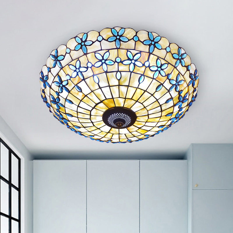 Mediterranean Bowl-Shape Flush Light 3/4 Heads Shell Ceiling Mounted Lamp in Blue, 16"/21" Width Clearhalo 'Ceiling Lights' 'Close To Ceiling Lights' 'Close to ceiling' 'Flush mount' Lighting' 916457