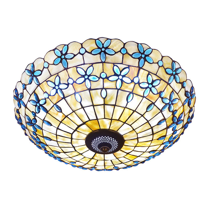 Mediterranean Bowl-Shape Flush Light 3/4 Heads Shell Ceiling Mounted Lamp in Blue, 16"/21" Width Clearhalo 'Ceiling Lights' 'Close To Ceiling Lights' 'Close to ceiling' 'Flush mount' Lighting' 916458