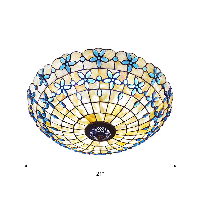 Mediterranean Bowl-Shape Flush Light 3/4 Heads Shell Ceiling Mounted Lamp in Blue, 16"/21" Width Clearhalo 'Ceiling Lights' 'Close To Ceiling Lights' 'Close to ceiling' 'Flush mount' Lighting' 916459