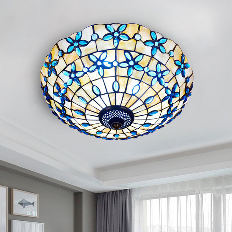 Mediterranean Bowl-Shape Flush Light 3/4 Heads Shell Ceiling Mounted Lamp in Blue, 16"/21" Width Blue 16" Clearhalo 'Ceiling Lights' 'Close To Ceiling Lights' 'Close to ceiling' 'Flush mount' Lighting' 916460