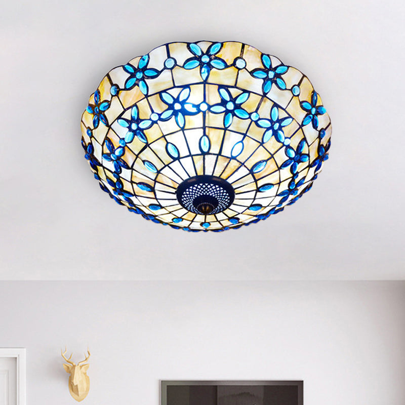 Mediterranean Bowl-Shape Flush Light 3/4 Heads Shell Ceiling Mounted Lamp in Blue, 16"/21" Width Clearhalo 'Ceiling Lights' 'Close To Ceiling Lights' 'Close to ceiling' 'Flush mount' Lighting' 916461