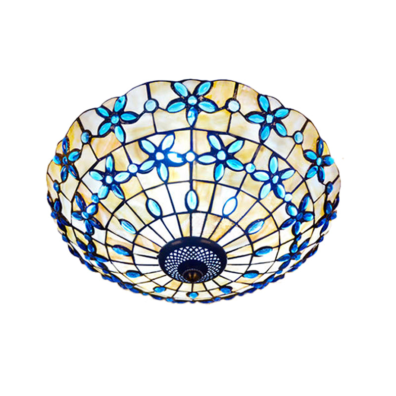 Mediterranean Bowl-Shape Flush Light 3/4 Heads Shell Ceiling Mounted Lamp in Blue, 16"/21" Width Clearhalo 'Ceiling Lights' 'Close To Ceiling Lights' 'Close to ceiling' 'Flush mount' Lighting' 916462